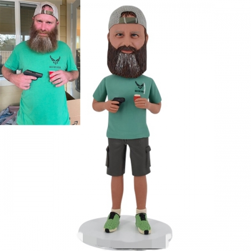 Custom Bobble head holding beer and gun from photo