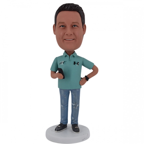 Custom Bobblehead with Under Armour logo holding cellphone