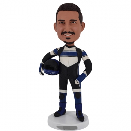 Custom racing Bobblehead racer driver holding helmet