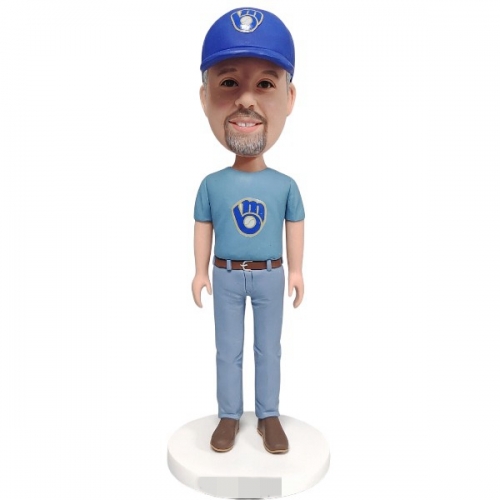 Custom Bobblehead in MLB blue shirt Milwaukee Brewers