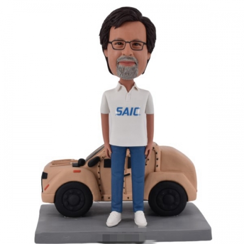 Custom bobblehead standing before his car automobile