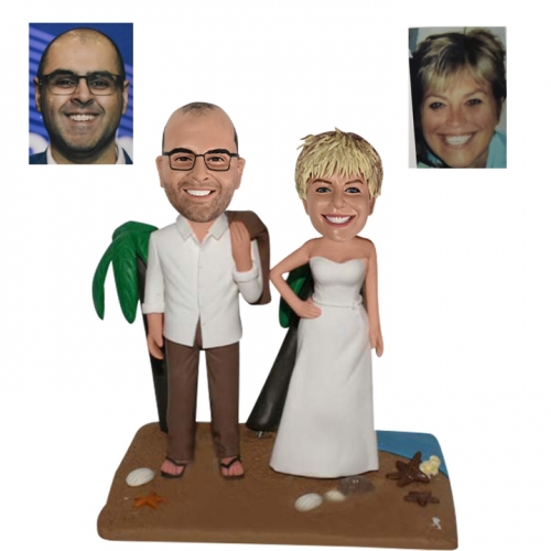 Custom Wedding Bobbleheads Beach with Palm Tree