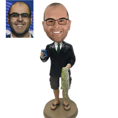 Custom Fishing Bobblehead holding beer