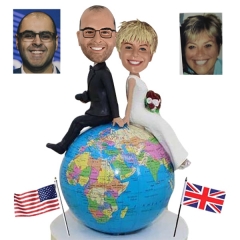 Custom Wedding Cake Topper on Globe US Groom and UK Bride