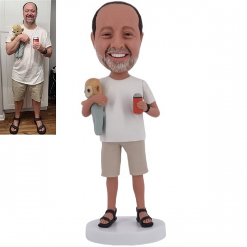 Custom Bobblehead holding beer and toy doll