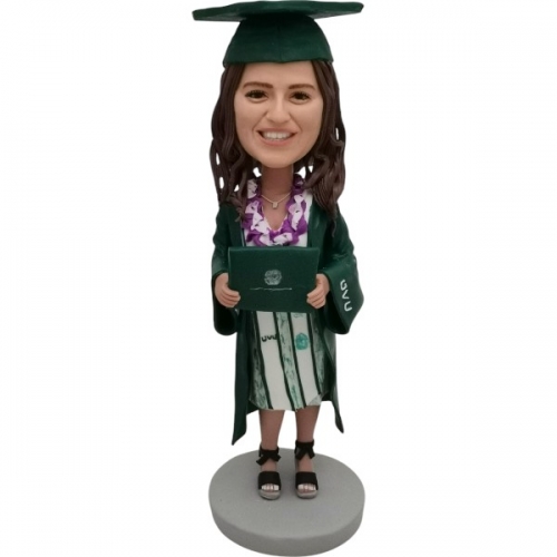 Custom Graduate bobblehead female wearing flower lei Graduation gift