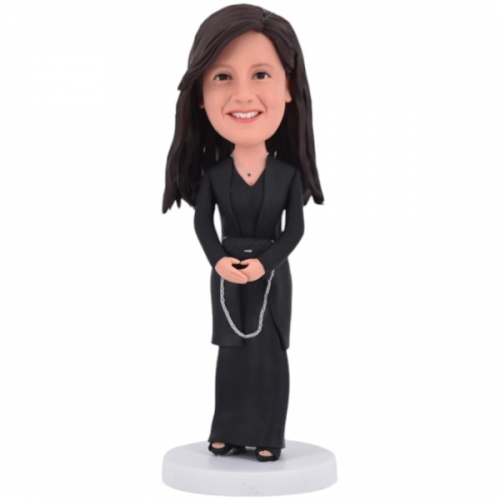 Custom Woman bobblehead all in black Mother holding mini handbag