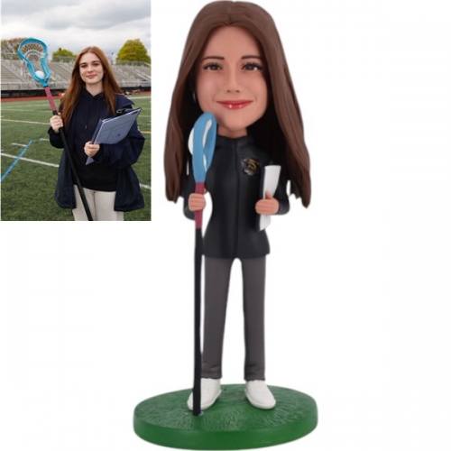 Custom female Lacrosse Bobblehead from Photo holding clipboard