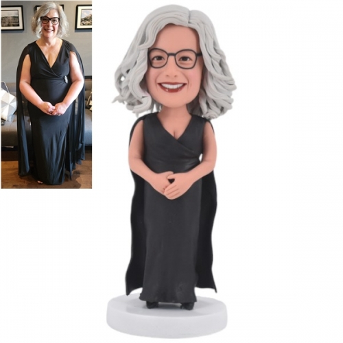 Custom female bobblehead in black dress based on photo