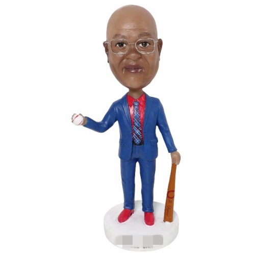 Baseball Coach Bobblehead customized holding baseball bat
