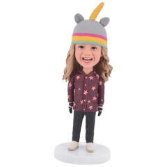Custom Kid Bobblehead wearing beanie with unicorn