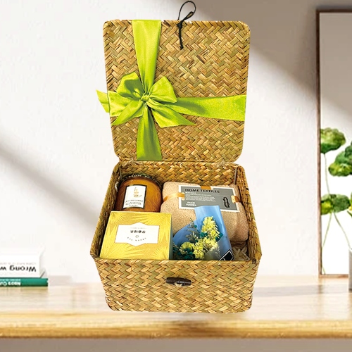 Cheap gift set Retro Weave baskets Bamboo towel green tea Candle scent gifts Promotional customization LOGO