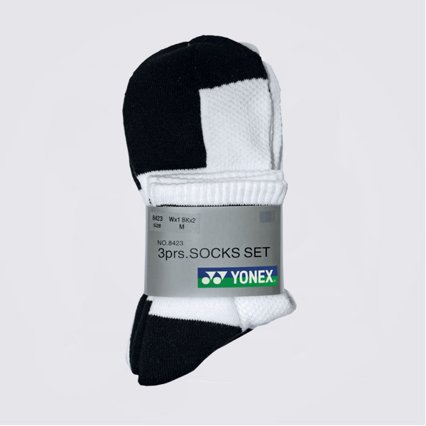 Yonex Crew Socks 8423 (Pack of 3:2 of Black, 1 of White)-M (25CM-28CM)