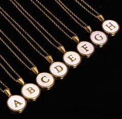 18K Gold Stainless Steel Letter A-Z Initial Necklace For Women White Round Shell Alphabet Pendant Necklace