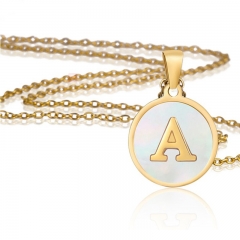 18K Gold Stainless Steel Letter A-Z Initial Necklace For Women White Round Shell Alphabet Pendant Necklace