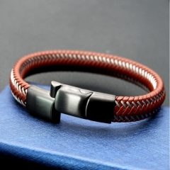 Simple Fashion Men Jewelry Magnet Clasp Stainless Steel Wire Leather Braided Rope Mens Bracelets