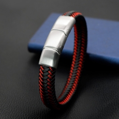Simple Fashion Men Jewelry Magnet Clasp Stainless Steel Wire Leather Braided Rope Mens Bracelets