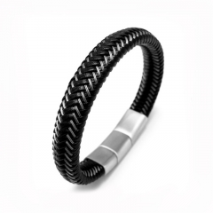 Simple Fashion Men Jewelry Magnet Clasp Stainless Steel Wire Leather Braided Rope Mens Bracelets