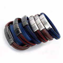 Simple Fashion Men Jewelry Magnet Clasp Stainless Steel Wire Leather Braided Rope Mens Bracelets