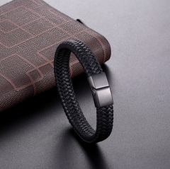 Luxury Custom logo gift Stainless Steel Magnetic Clasp leather Bracelet Men Leather Bracelet