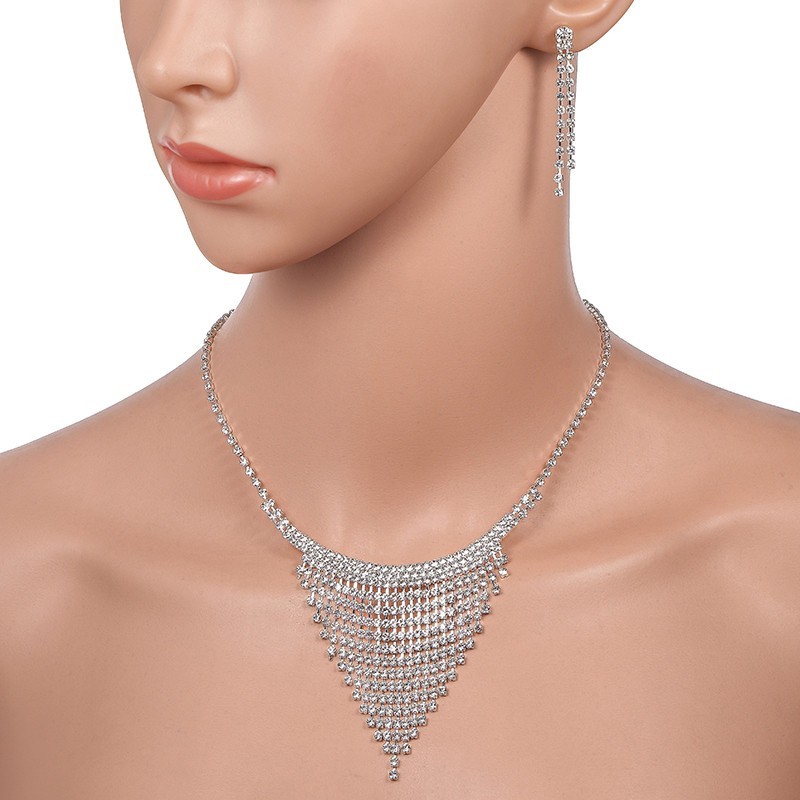 Silver Rhinestone Tassel Choker Set For Bridal Wholesale