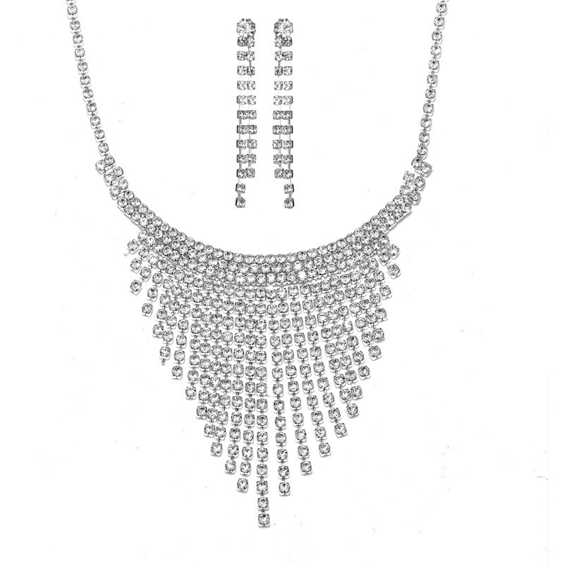 Silver Rhinestone Tassel Choker Set For Bridal Wholesale