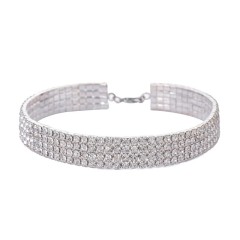 Silver Plated 4 Rows Rhinestone Stretch Necklace Choker Cheap Wholesale