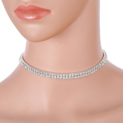 Silver Plated 2 Rows Rhinestone Stretch Necklace Choker