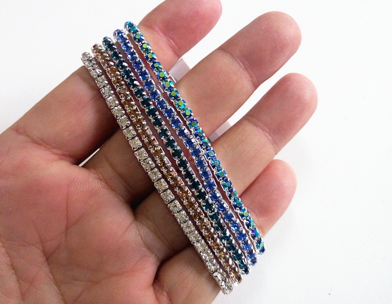 Silver Plated 3mm Color Mixed Rhinestone Stretch Bracelet 5pcs Set Wholesale