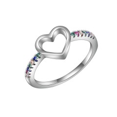 Hollow Heart Shaped Colored Cubic Zirconia Silver Ring Wholesale