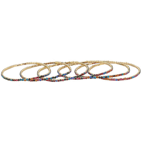 Gold Plated 2mm Color Mixed Rhinestone Stretch Bracelet 6pcs Set
