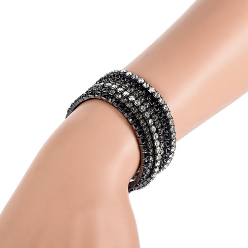 Hematite Plated 3.5mm Black Mixed Rhinestone Stretch Bracelets 6pcs Set