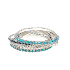 Rhinestone Stretch Bracelets Silver Plated 3.5mm 6pcs, Blue Mixed