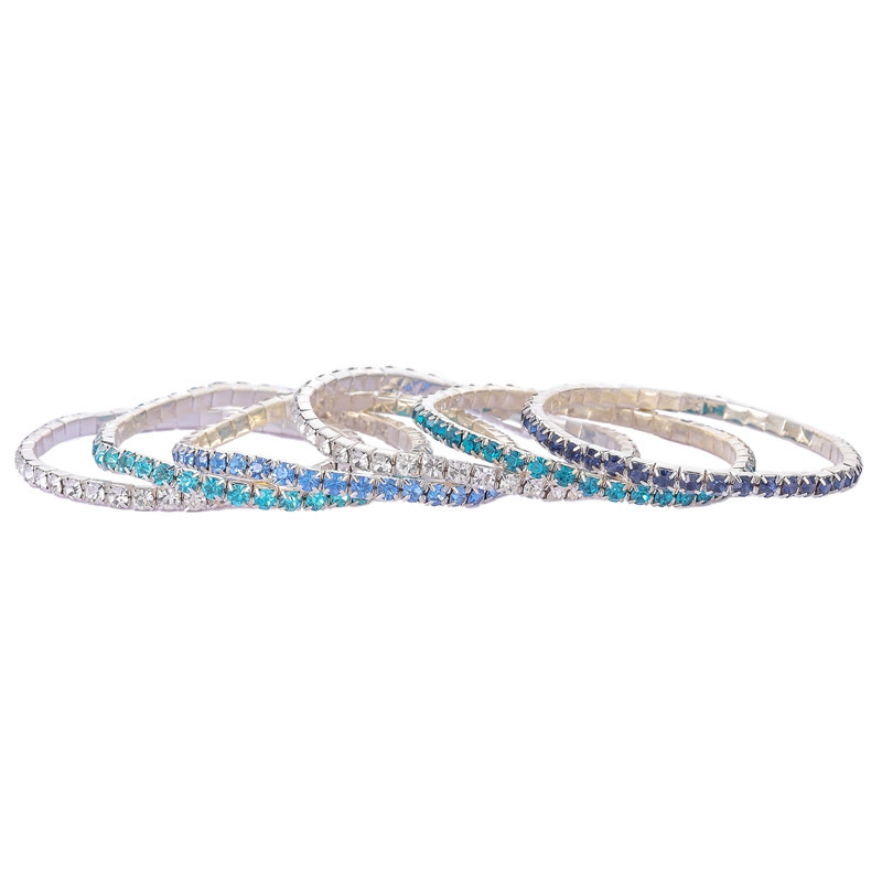 Rhinestone Stretch Bracelets Silver Plated 3.5mm 6pcs, Blue Mixed