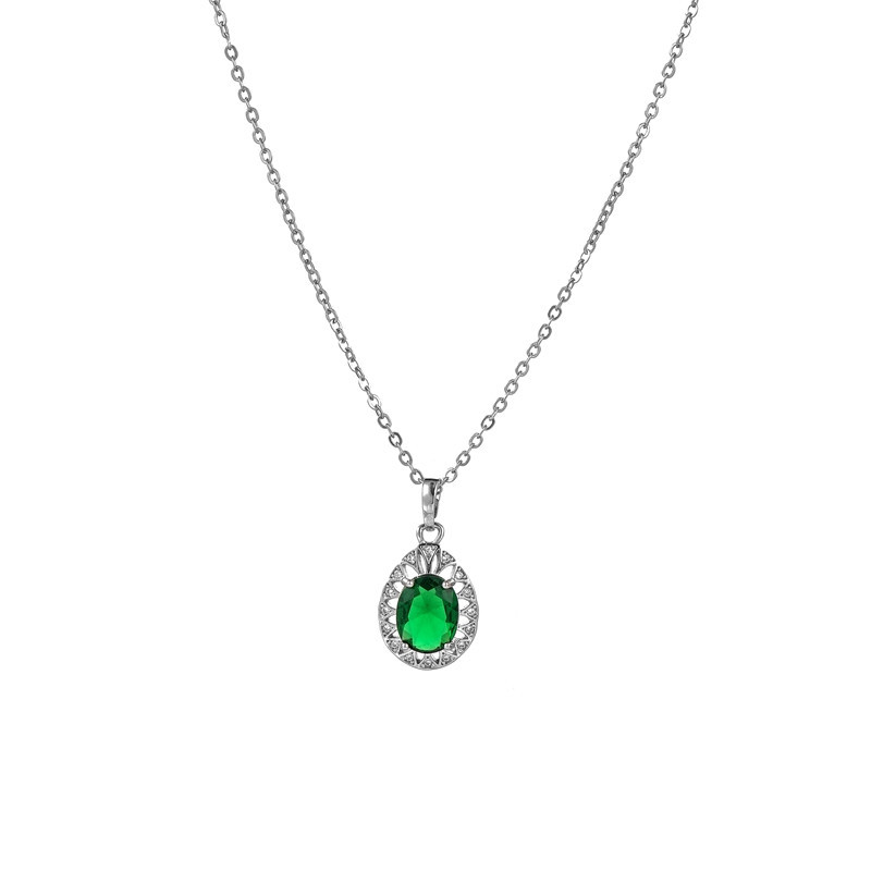 Cubic Zirconia Pendant Necklace Geometric Oval Amethyst and Emerald