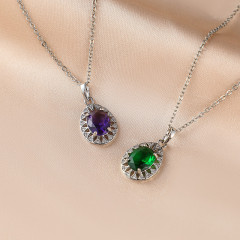 Cubic Zirconia Pendant Necklace Geometric Oval Amethyst and Emerald