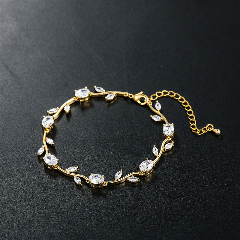 14K Gold Plating Leave Shape Crystal Cubic Zirconia Chain Bracelet Wholesale