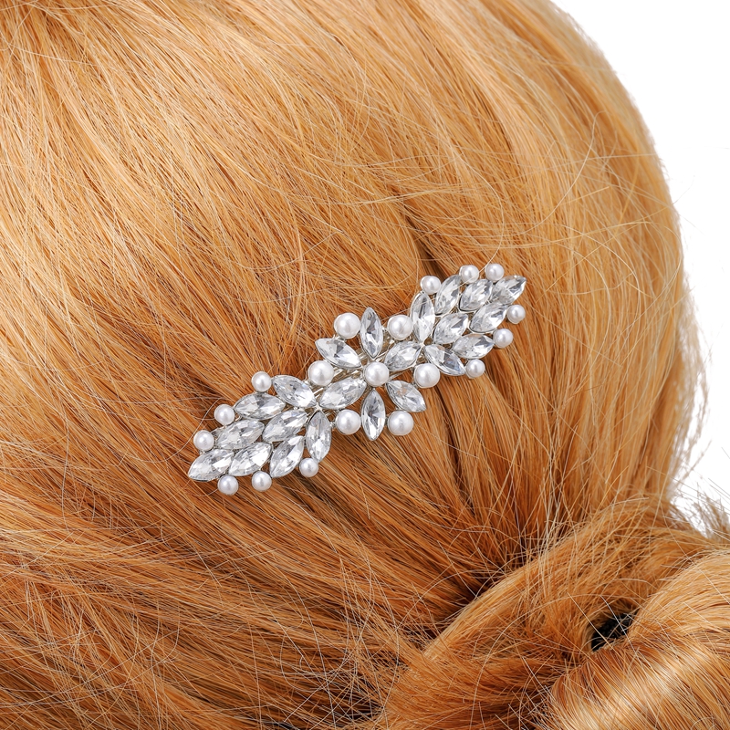Flower Hair Barrette Clip White Pearl Crystal Silver