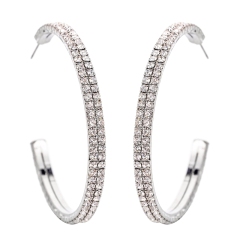 Big Hoop Earrings Clear Rhinestone Silver 2 Row