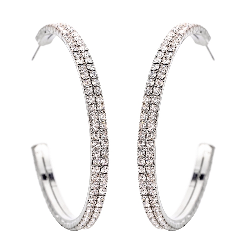 Big Hoop Earrings Clear Rhinestone Silver 2 Row