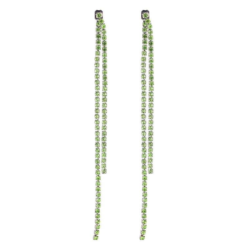 Long Drop Earrings Peridot Crystal Double Layer, Silver Color