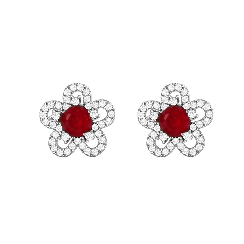 Earrings Red Opal Crystal Cubic Zirconia Flower Shape 6mm