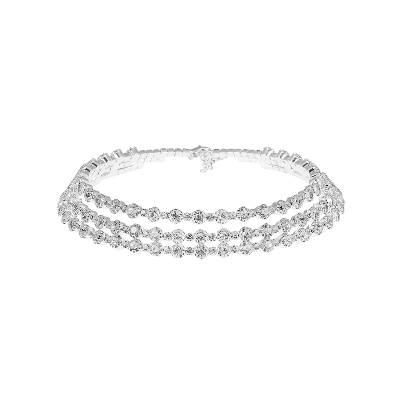 Cubic Zirconia Crystal Choker Necklace Silver Plated 3 Layer