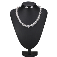 Necklace and Earrings Set Platinum Plated Pearl Flower Cubic Zirconia for Wedding