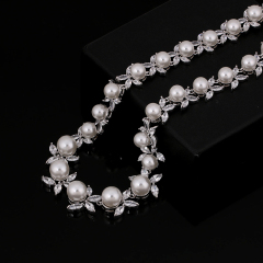Necklace and Earrings Set Platinum Plated Pearl Flower Cubic Zirconia for Wedding
