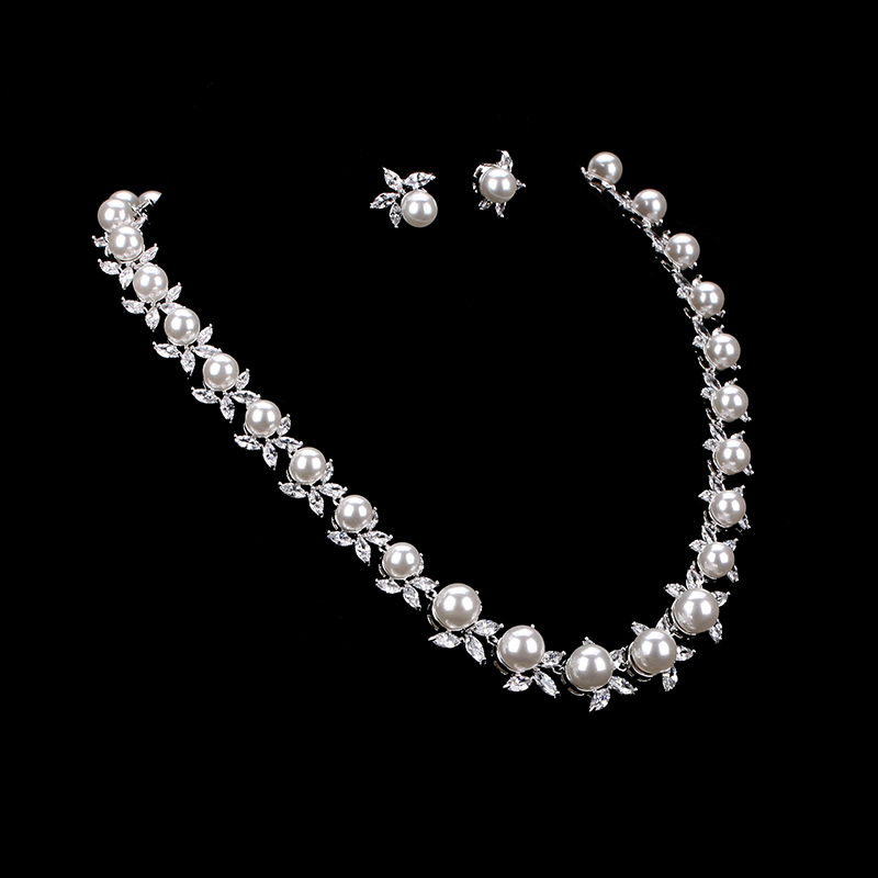 Necklace and Earrings Set Platinum Plated Pearl Flower Cubic Zirconia for Wedding