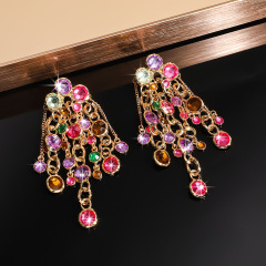 Bohemian Style color rhinestone tassel earrings women's tassel earrings Exaggerated design rhinestone earrings-Custom stone color
