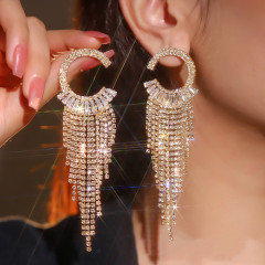 #Glamorous Rhinestone Tassel Earrings Exaggerated circle design-Custom plating color