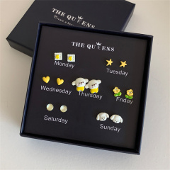 Daily Wear Colorful Student Cartoon Earrings, One-week Set Gift Box Stud Earrings Factory Wholesale