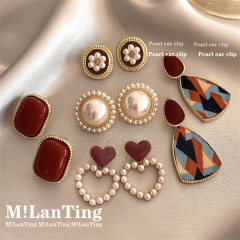 Vintage Hong Kong-style red drop-shaped heart pearl stud earrings for women, cross-border wholesale.-Factory wholesale